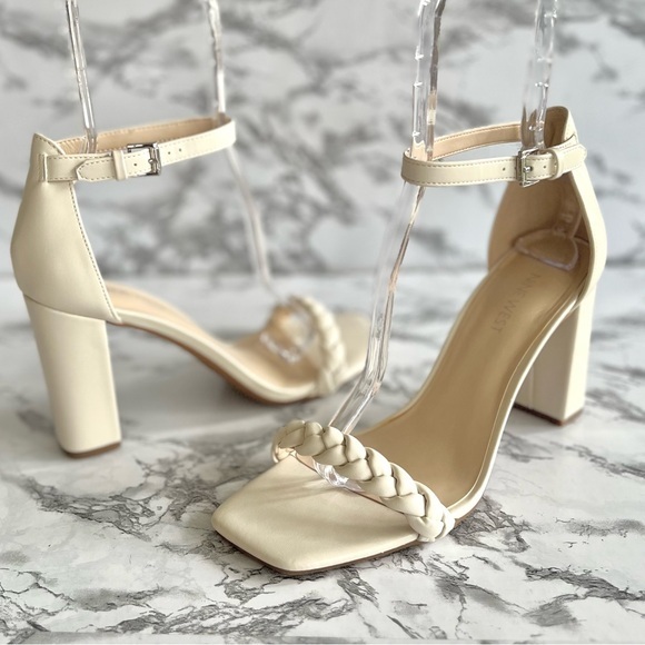 Nine West Nallah3 Ivory Braided Ankle Strap Block Heel Sandals 9.5 - Picture 1 of 13